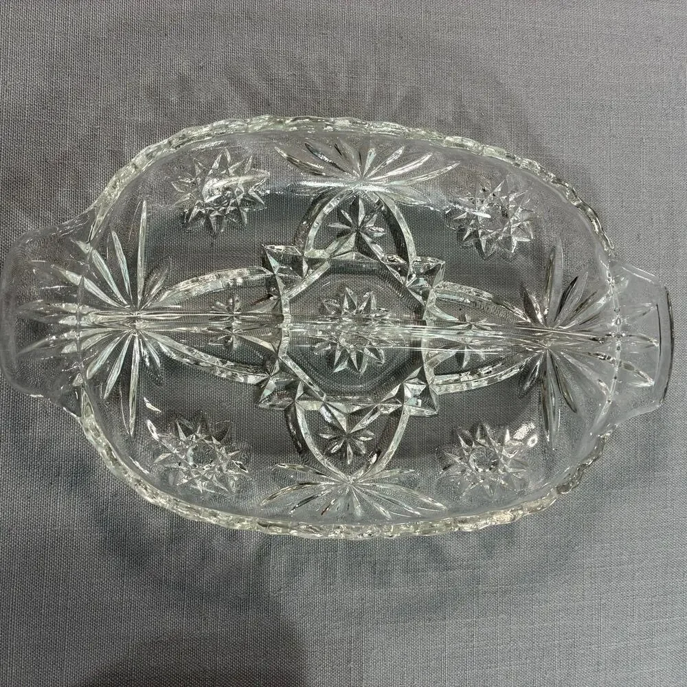 Vintage Clear Cut Glass Relish Tray Oval Handled Serving Dish Candy Nut Bowl